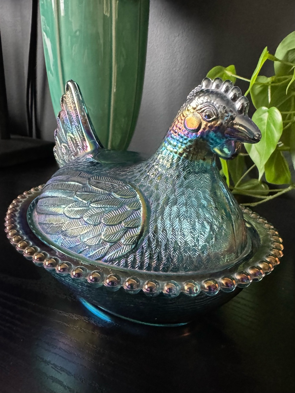 Vintage Indiana Glass Hen on Nest Bicentennial Blue Iridescent Carnival Glass 7”